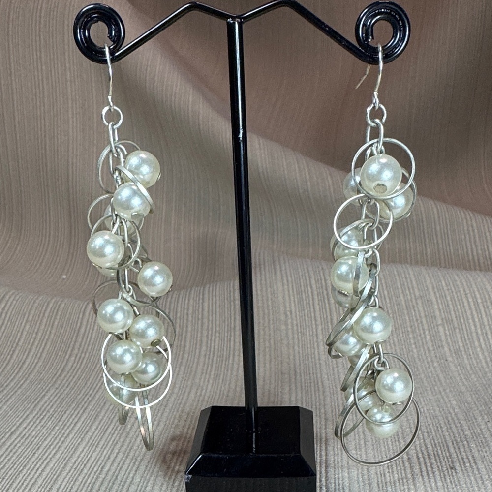 Elegant Silver Tone Faux Pearl Dangle Earrings